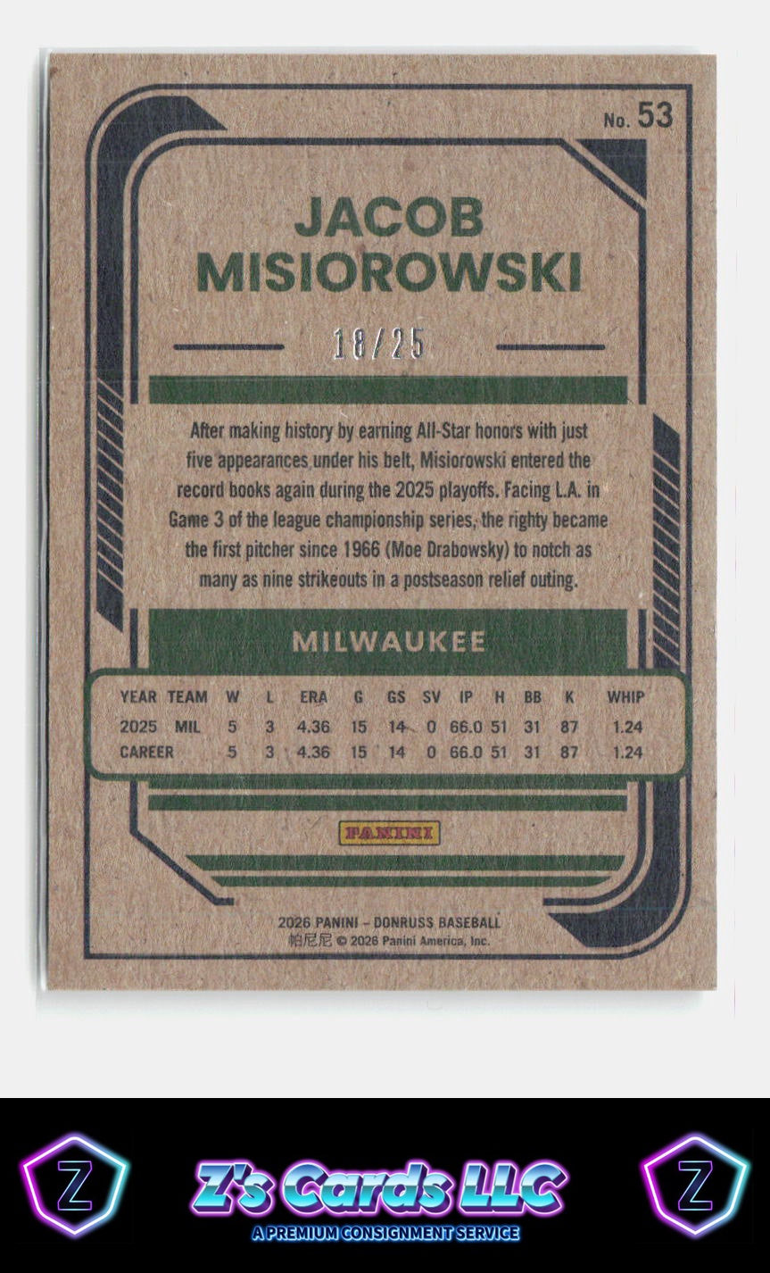 2026 Donruss Jacob Misiorowski Artist Proof /25 Brewers SN