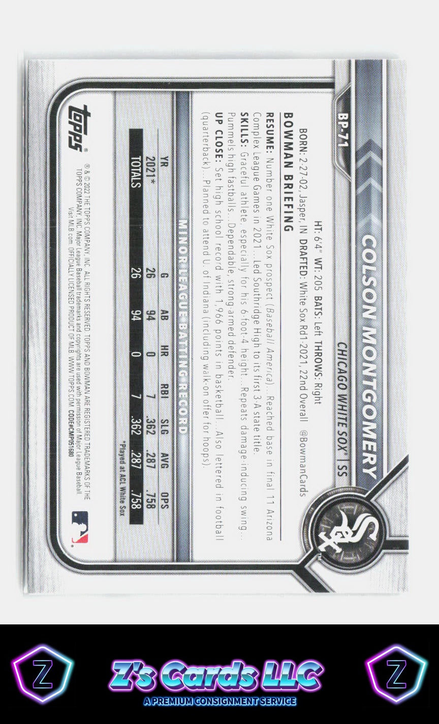 2022 Bowman Colson Montgomery 1st Chicago White Sox