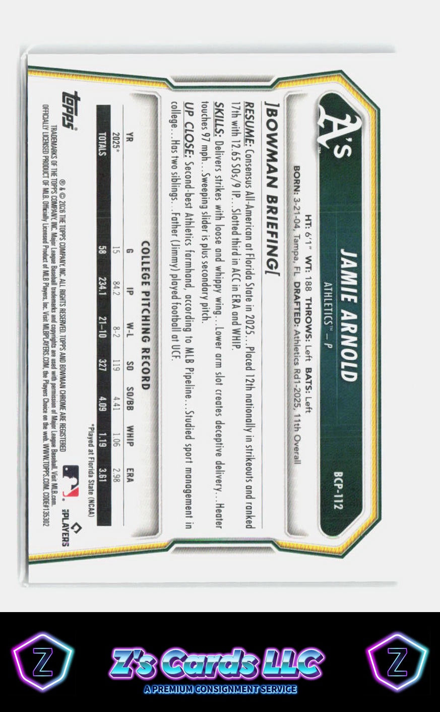 2026 Bowman Jamie Arnold Green Grass Refractor /99 Prospect Athletics