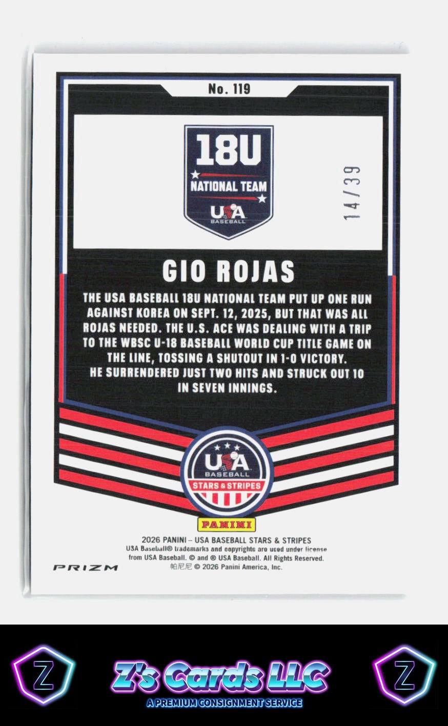 2026 Panini Stars & Stripes Prizm Baseball Gio Rojas Black Velocity /39 Rangers