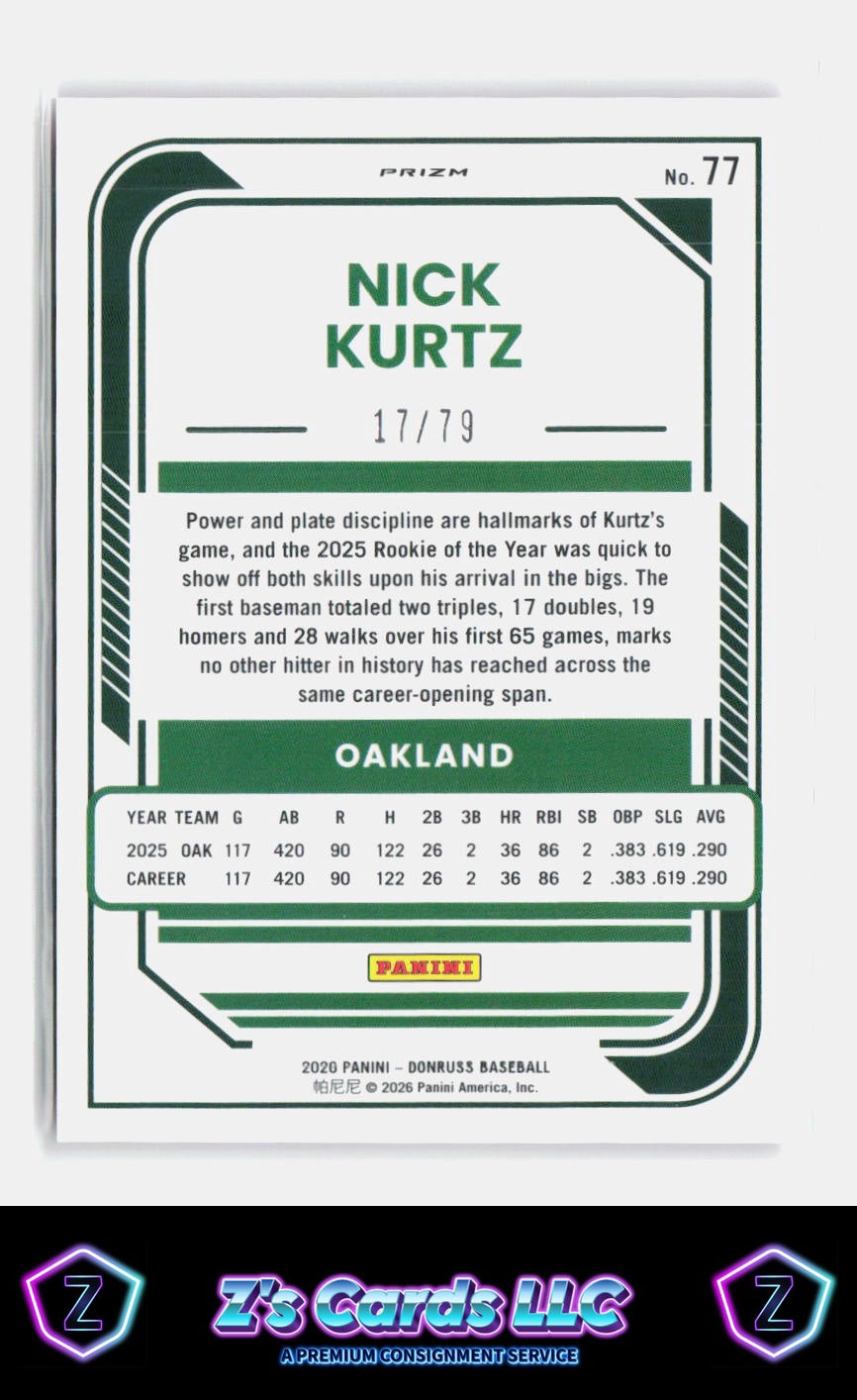 2026 Donruss Nick Kurtz Optic Pink Velocity /79 ROTY Athletics SN