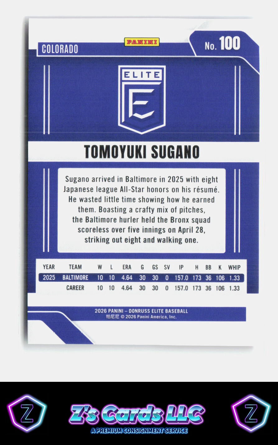 2026 Donruss Elite Tomoyuki Sugano Status Red #'d 08/19 Rockies SN