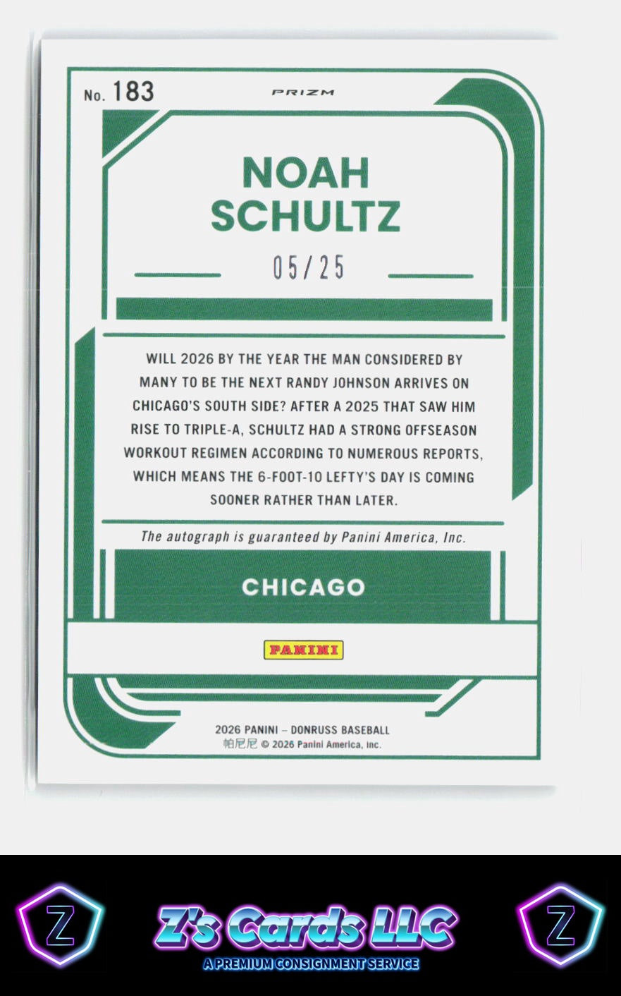 2026 Donruss Noah Schultz Optic Signatures Pandora /25 White Sox