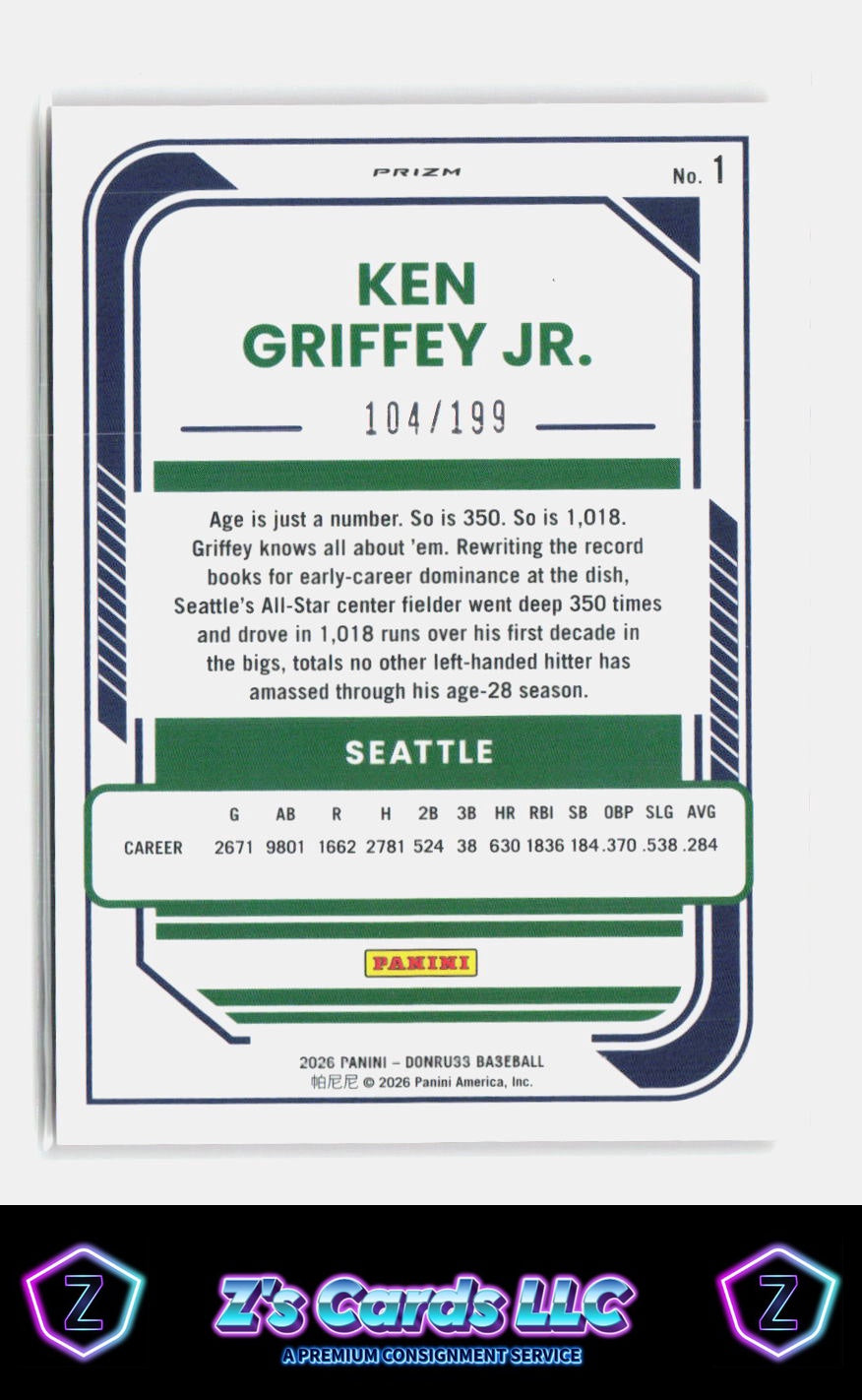 2026 Donruss Ken Griffey Jr. Optic Orange /199 Mariners