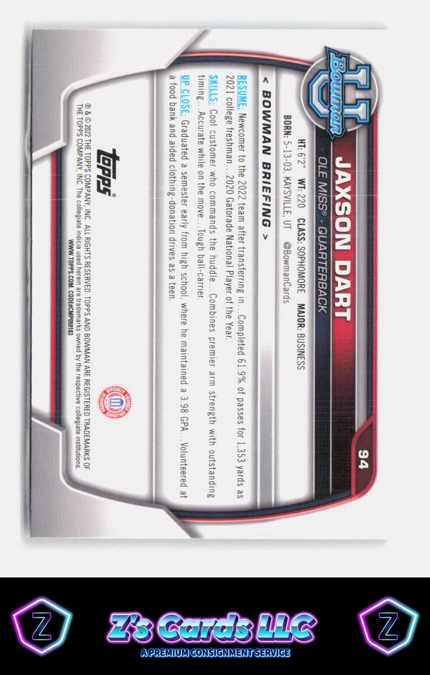 2022 Bowman University Chrome Jaxson Dart #94 Bowman 1st Giants