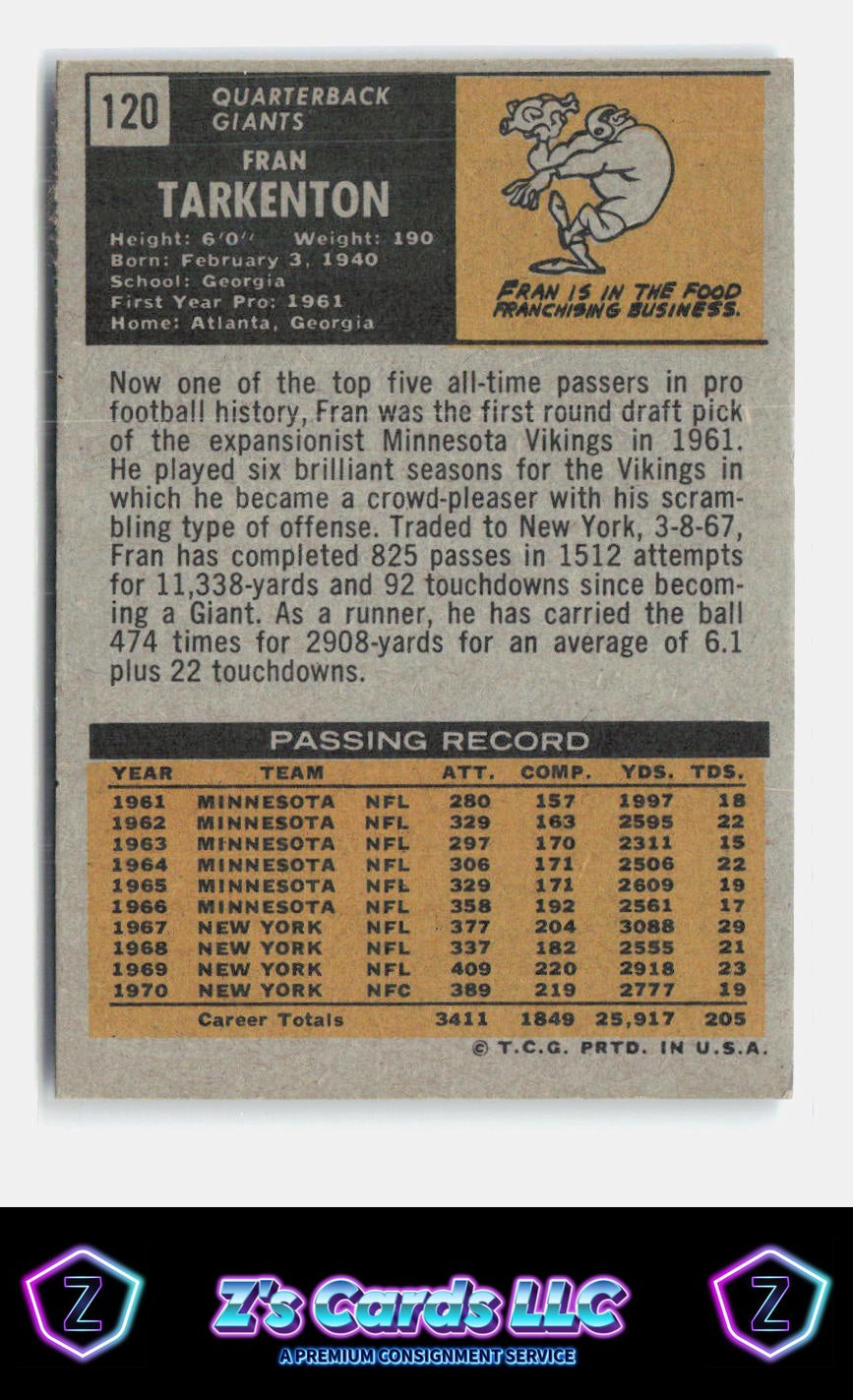 1971 Topps Fran Tarkenton Excellent Conditon 1b Giants