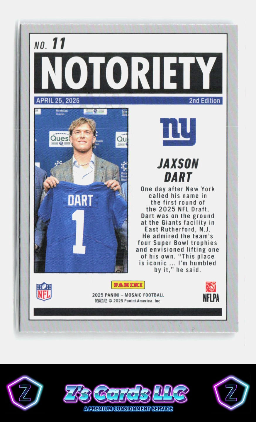 2025 Panini Mosaic Jaxson Dart SLVER MOSAIC #11 Giants (RC)