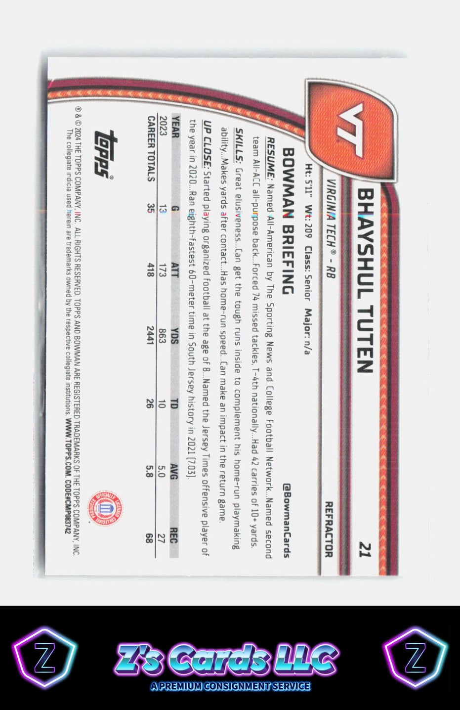 2024 Bowman University Chrome Bhayshul Tuten REFRACTOR Hokies