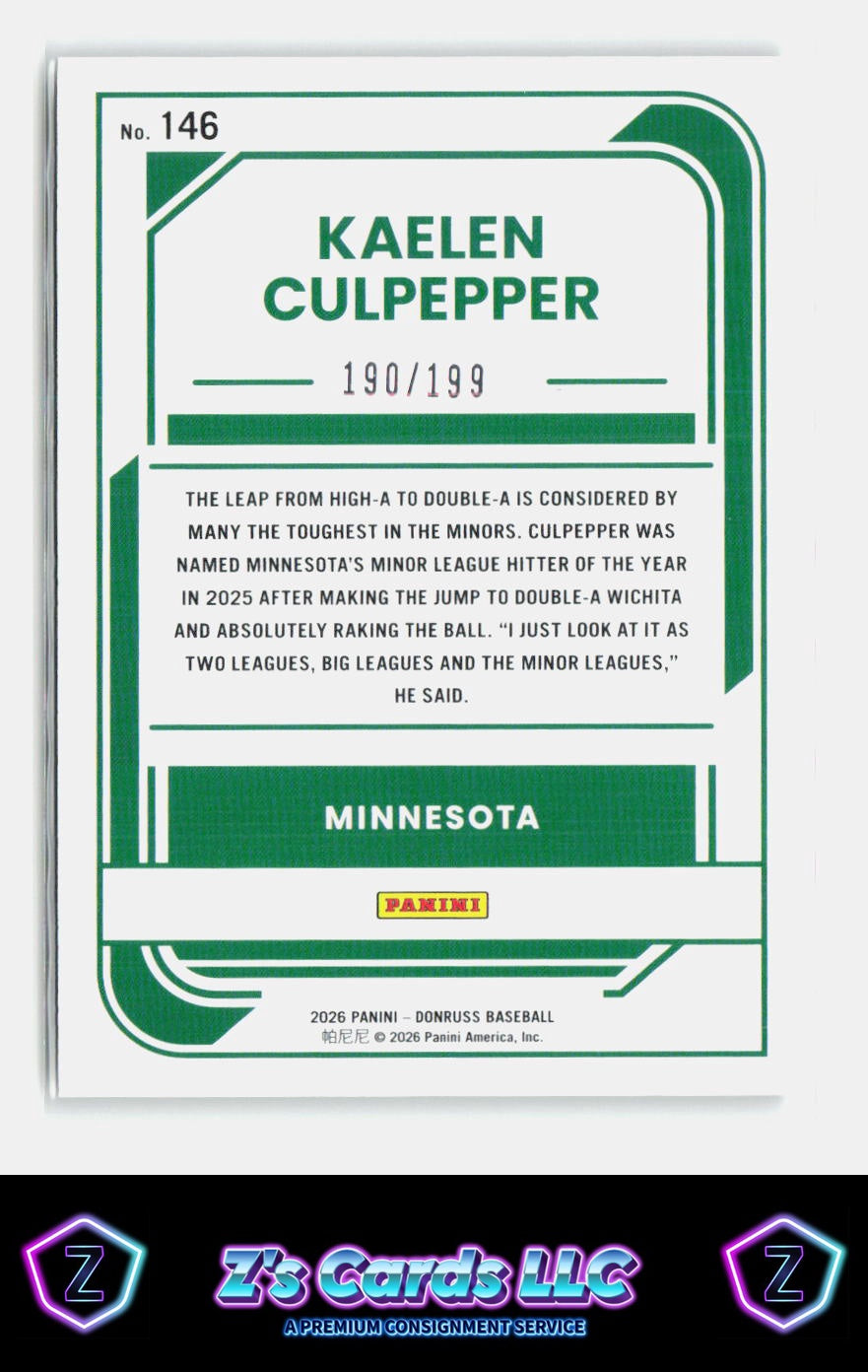 2026 Donruss Kaelen Culpepper Green Foil /199 Twins SN