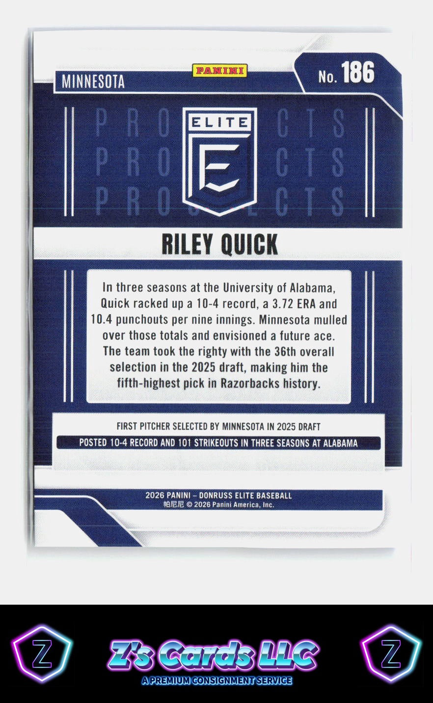 2026 Donruss Elite Riley Quick Blue /199 Twins SN