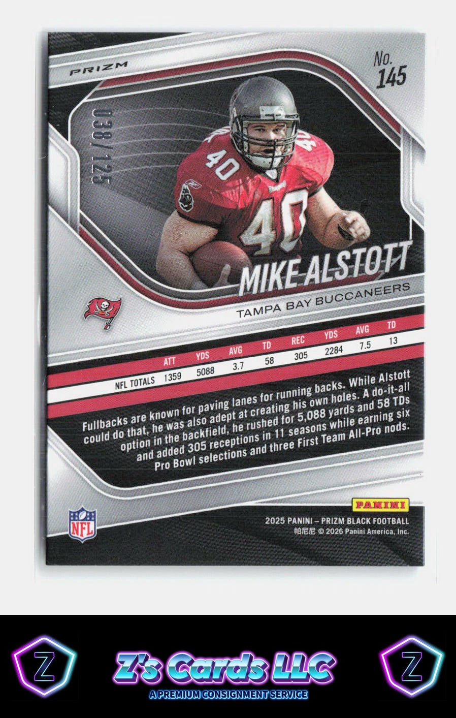 2025 Panini Prizm Black Mike Alstott Buccaneers Blue Cracked Ice /125