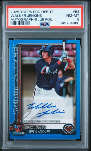 PSA 8 NM 2025 Topps Pro Debut - Walker Jenkins #PD-54 Blue Foil Autographs /150