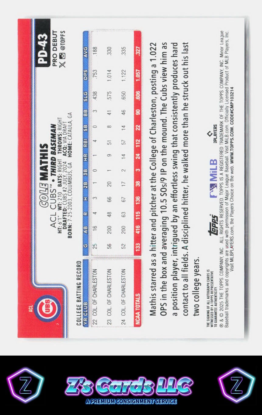 2025 Topps Pro Debut Cole Mathis Prospect Auto Cubs AU