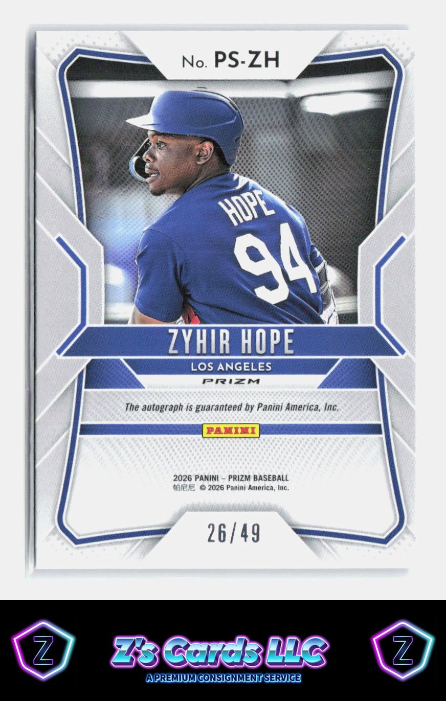 2026 Panini Prizm Zyhir Hope Dodgers Blue Prizm Auto /49 COLOR MATCH